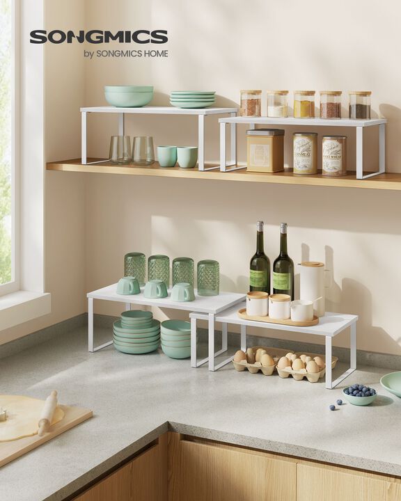 Set of 4 Stackable Cabinet Shelf Organizers - Metal and Particleboard Kitchen Counter Shelves, Expandable