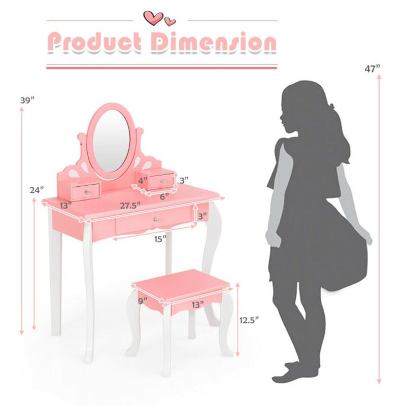 Hivvago Kids Vanity Princess Makeup Dressing Table Stool Set with Mirror and Drawer