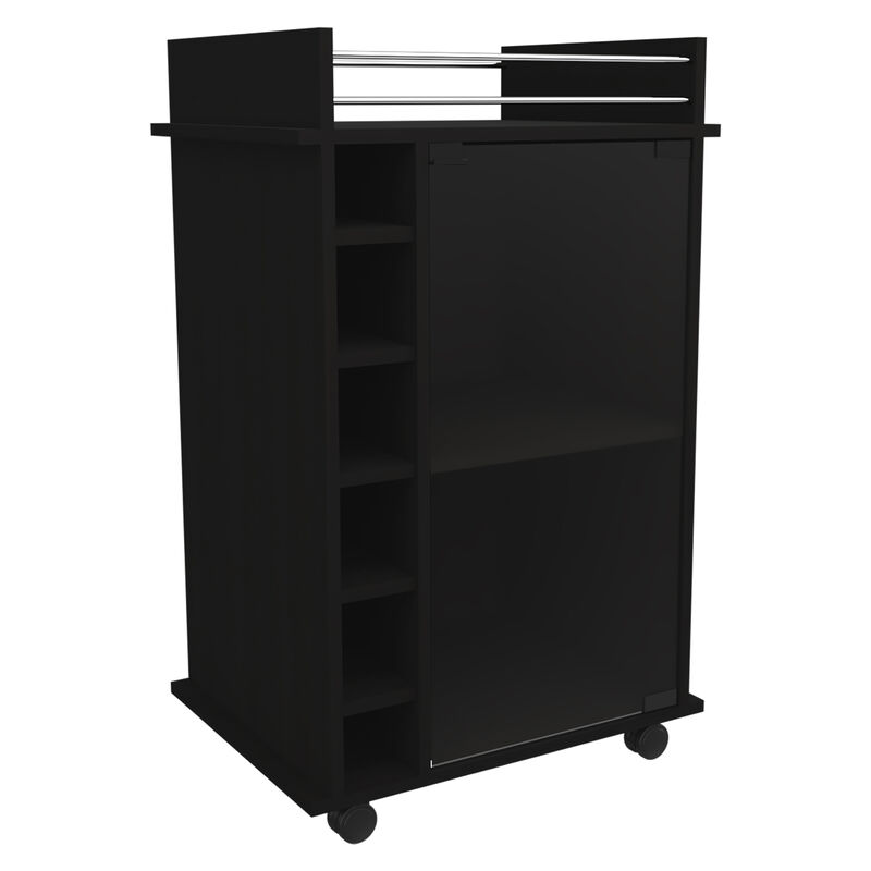 DEPOT E-SHOP Huali Bar Cart, Six Built-in Wine Rack, Glass Door, Four Casters, Two Shelves, Black
