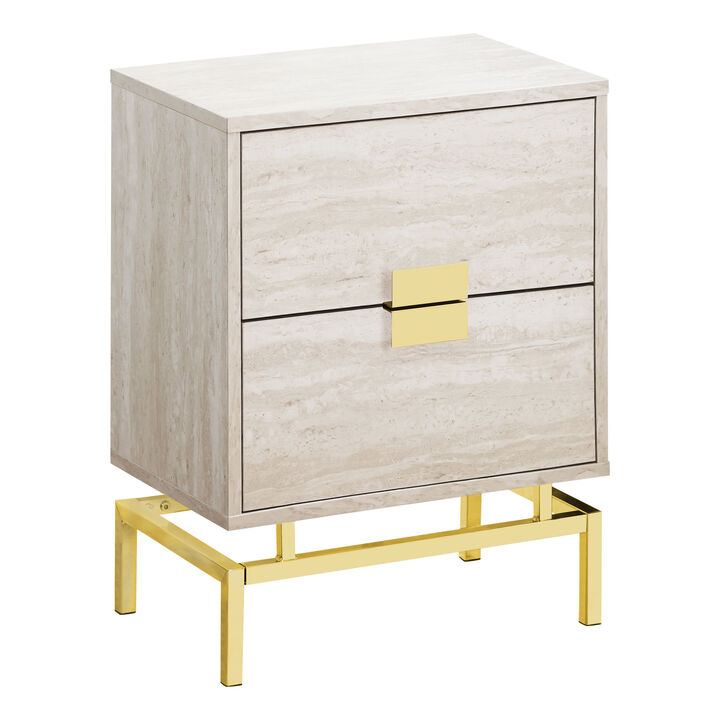 Monarch Specialties I 3493 Accent Table, Side, End, Nightstand, Lamp, Storage Drawer, Living Room, Bedroom, Metal, Laminate, Beige Marble Look, Gold, Contemporary, Modern