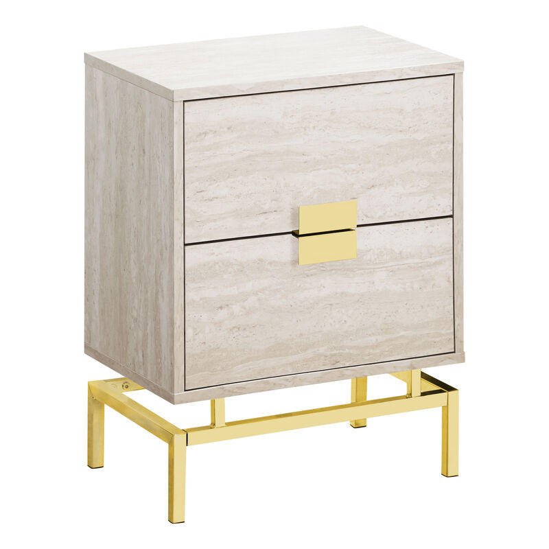 Monarch Specialties I 3493 Accent Table, Side, End, Nightstand, Lamp, Storage Drawer, Living Room, Bedroom, Metal, Laminate, Beige Marble Look, Gold, Contemporary, Modern