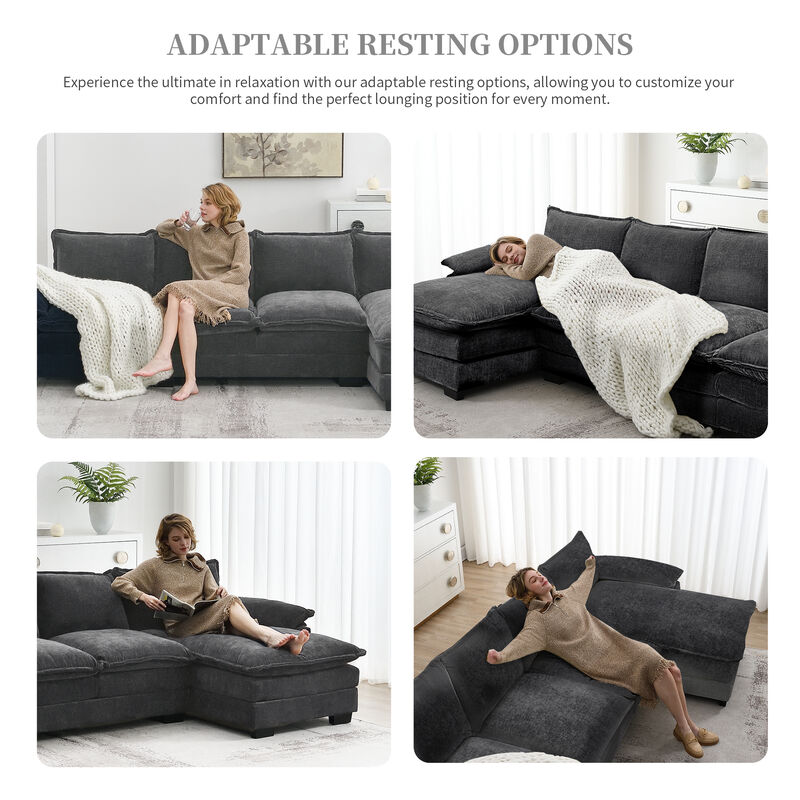 MONDAWE Modern L-shaped Chenille Cloud Sofa with Double Seat Cushions,5-seat Upholstered Indoor Furniture,Sleeper Sofa Couch with Chaise Lounge