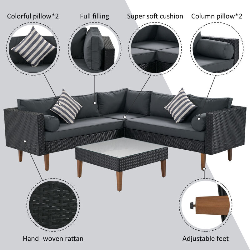4-Pieces Outdoor Wicker Sofa Set, Patio Furniture Withful Pillows, L-Shape Sofa Set
