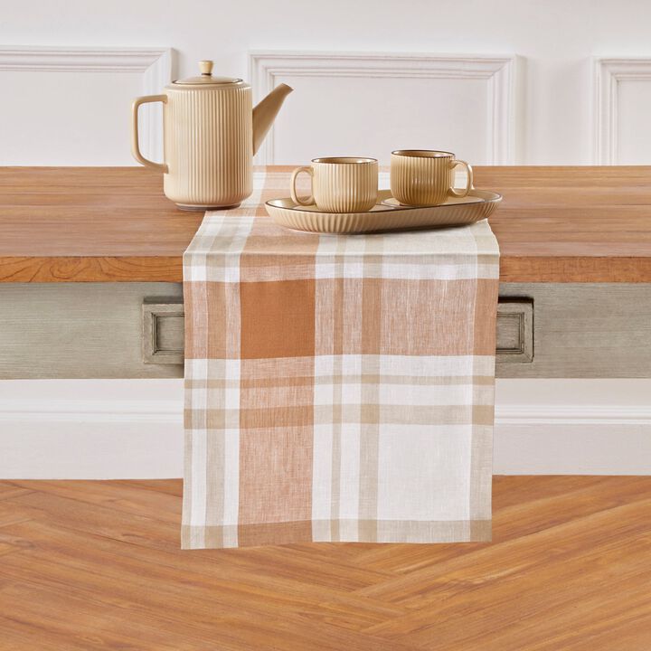 Solino Home 100% Pure Linen Fall Harvest Plaid Table Runner