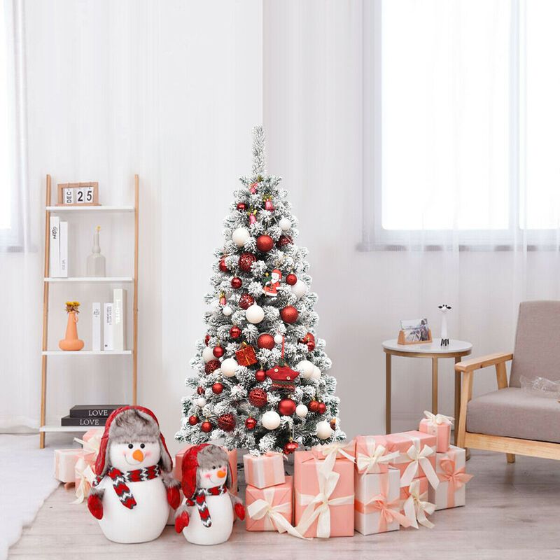 Pre-Lit Snow Flocked Pencil Christmas Tree for Festive, Space-Saving Holiday Decor with a Snowy Look