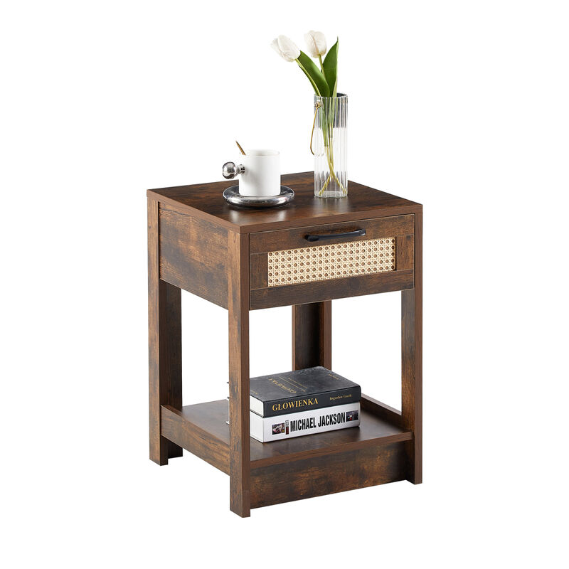 Rattan End Table with Drawer, Modern Nightstand, Side Table for Living Room, Bedroom, Rustic Brown