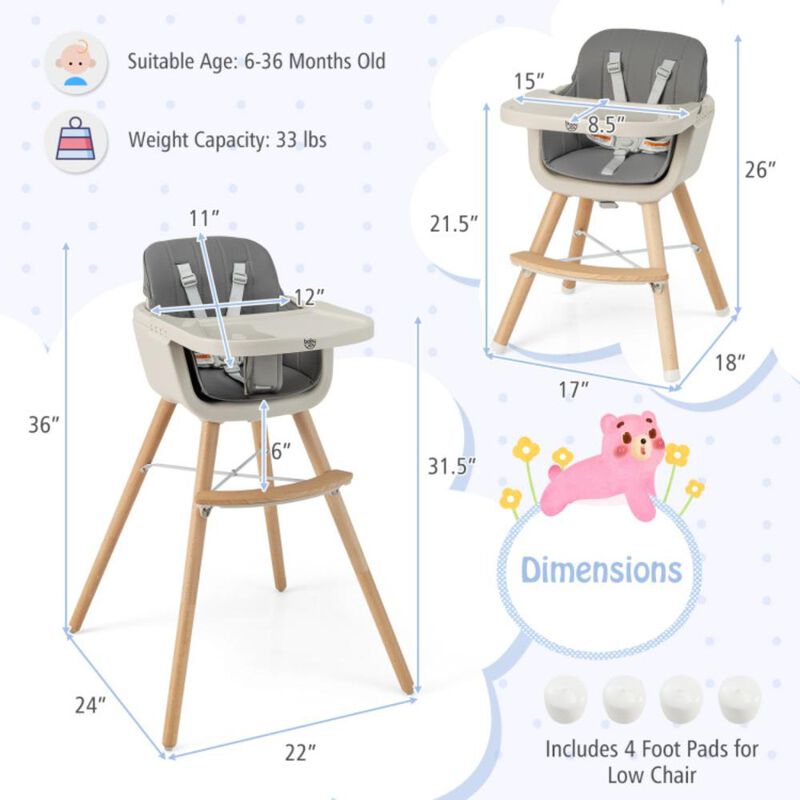Hivvago 3-in-1 Convertible Wooden High Chair with Cushion