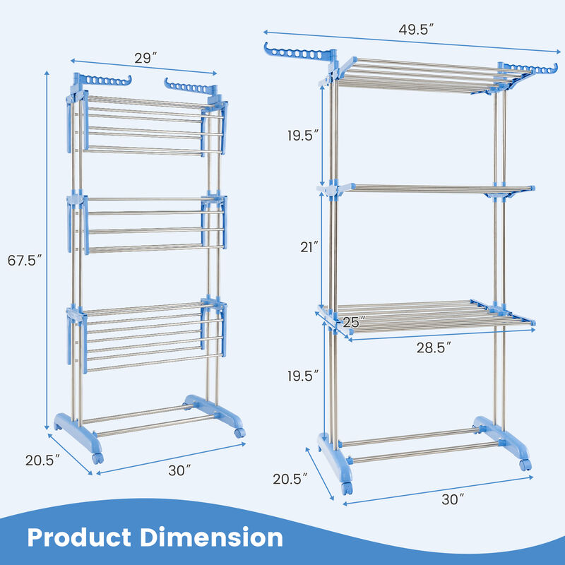 4-tier Folding Clothes Drying Rack with Rotatable Side Wings-Blue and Silver