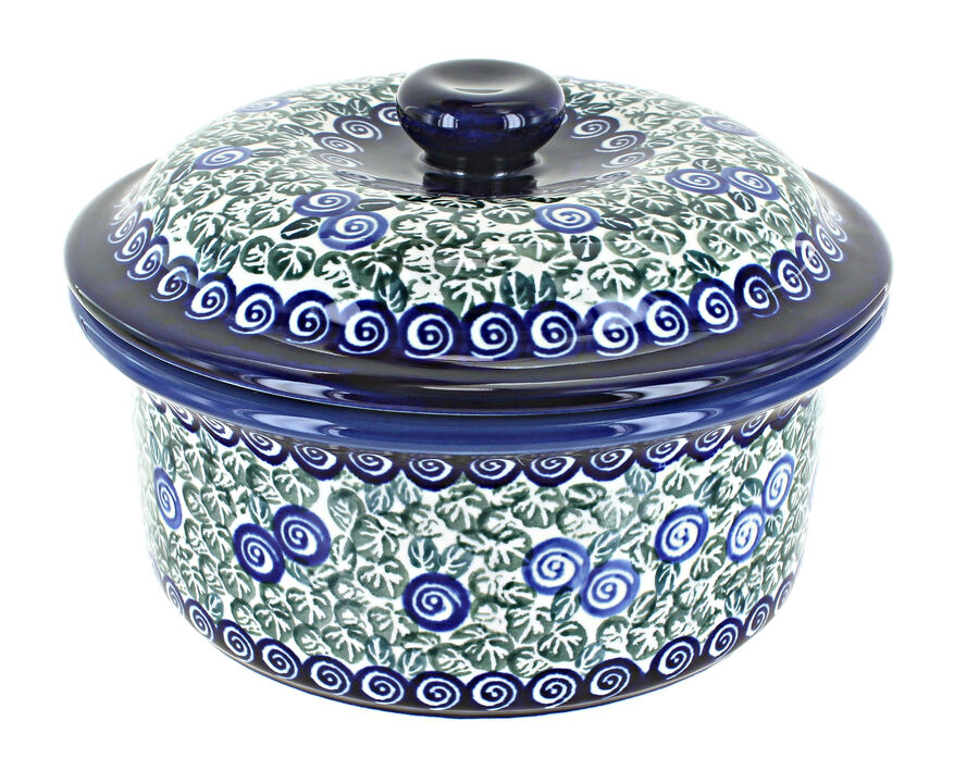 Blue Rose Polish Pottery Flowering Peacock Round Baker with Lid