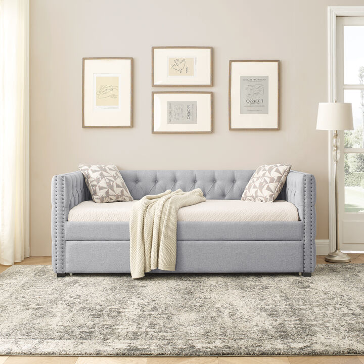 Grey Upholstered Twin Daybed with Trundle & Sofa Bed