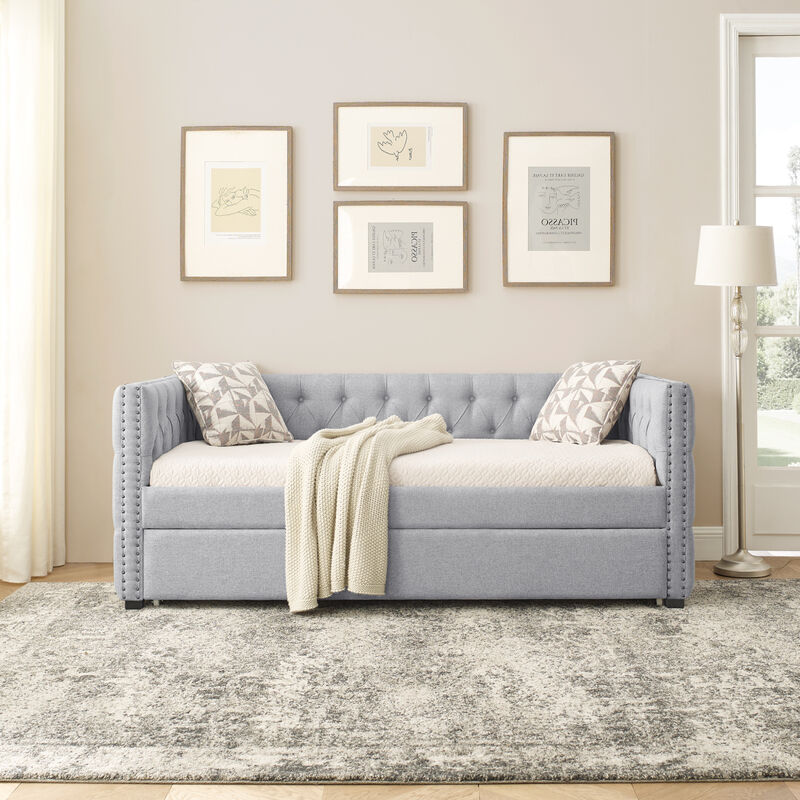 Grey Upholstered Twin Daybed with Trundle & Sofa Bed