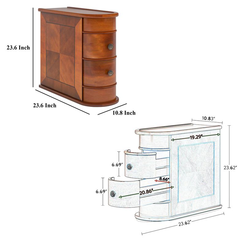 Arc Side End Table, Walnut Brown, 2 Drawers, 24 Inch Tall - Benzara
