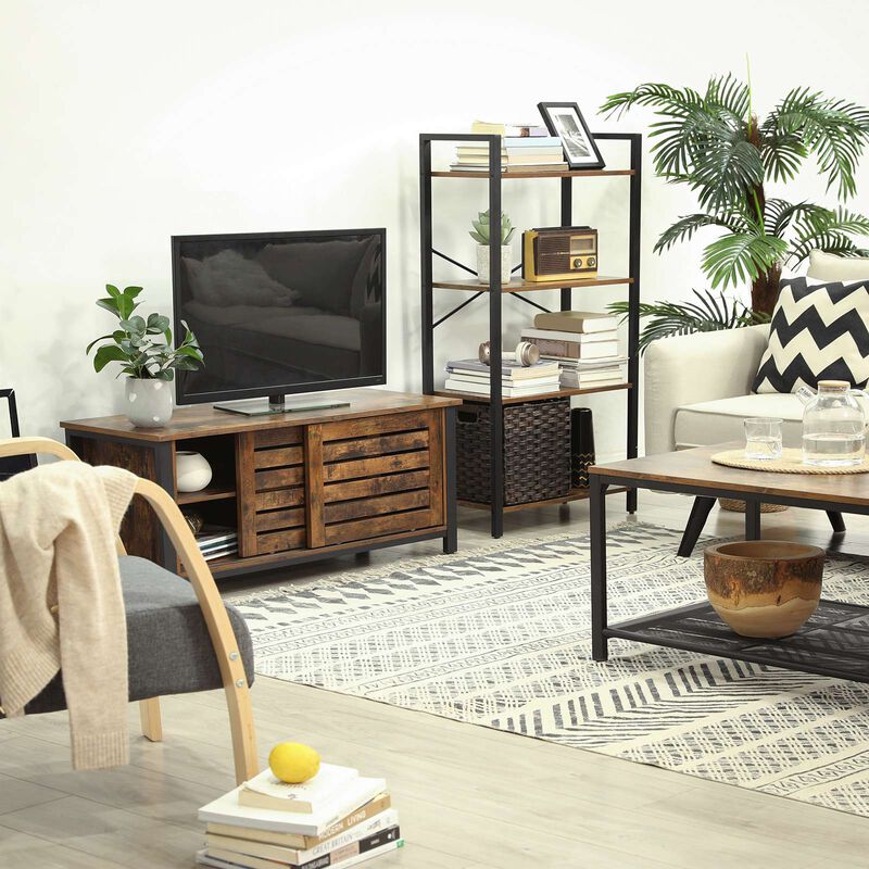 Living Room 4-Tier Ladder Bookshelf – Rustic Brown & Iron Frame