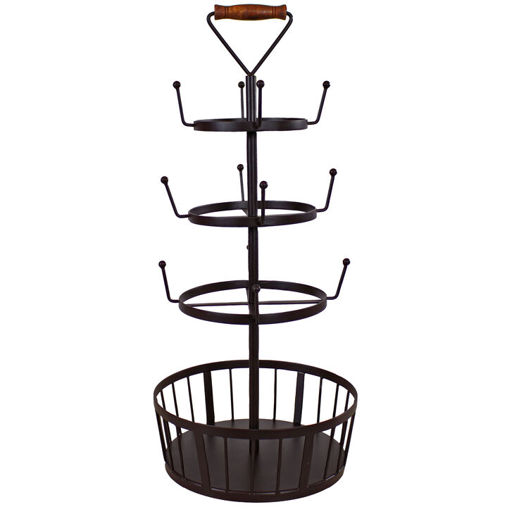 Sunnydaze Round 4-Tier Iron Coffee Mug Tree Holder with Hooks - Brown