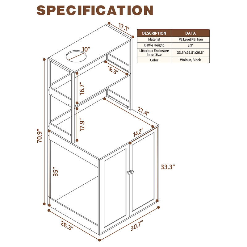 Large Cat Litter Box Enclosure Furniture with Shelves, Cat Washroom Furniture Cat House for Smart Litter Box, in walnut