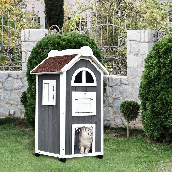 Grey/White Cat Castle: 43H 3-Floor Outdoor Wooden Kitten Condo