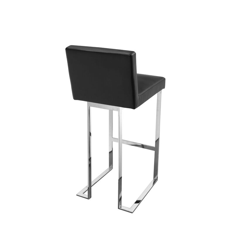 Boly 30 Inch Barstool Chair, Black Faux Leather, Cushions, Chrome Steel - Benzara