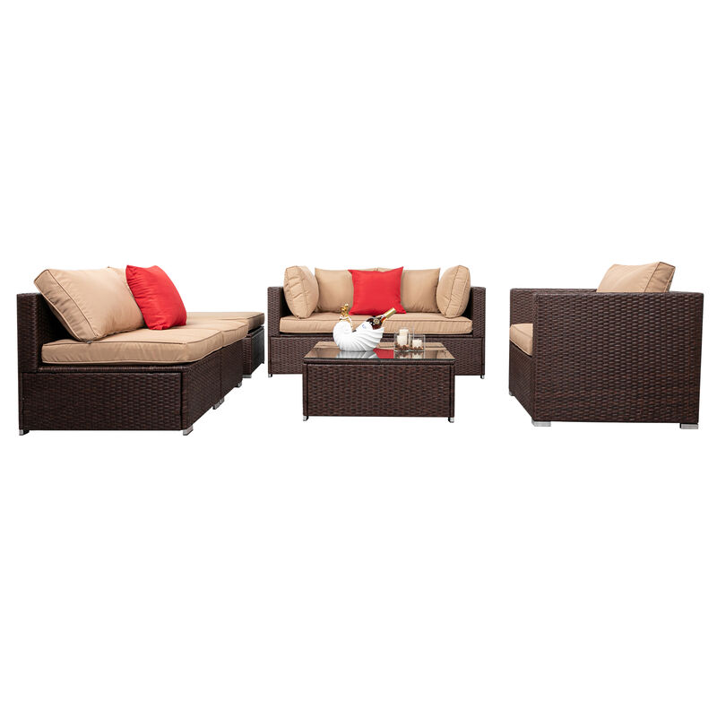 7-Piece Wood Grain PE Wicker Rattan Patio Sofa Set, Outdoor Sectional with Corner Sofa
