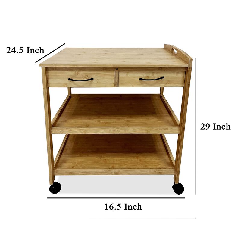 Walter Kitchen Bar Cart, 2 Drawers, 2 Shelves, Brown Bamboo, Rolling Wheels