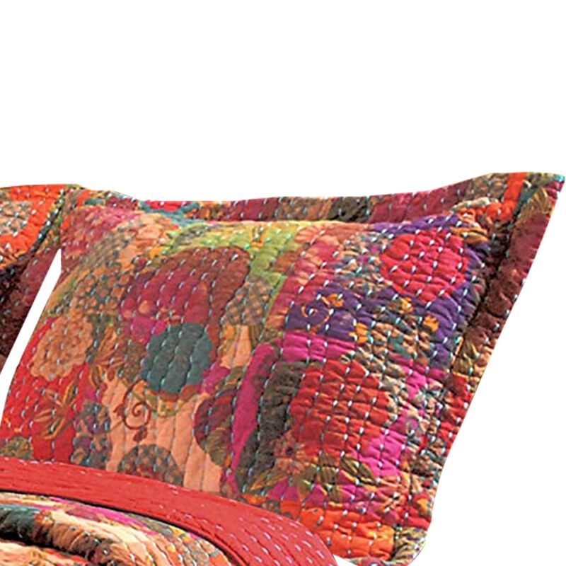 Tisa 3 Piece Reversible King Quilt Set with Floral and Fruit Pattern, Multicolor - Benzara