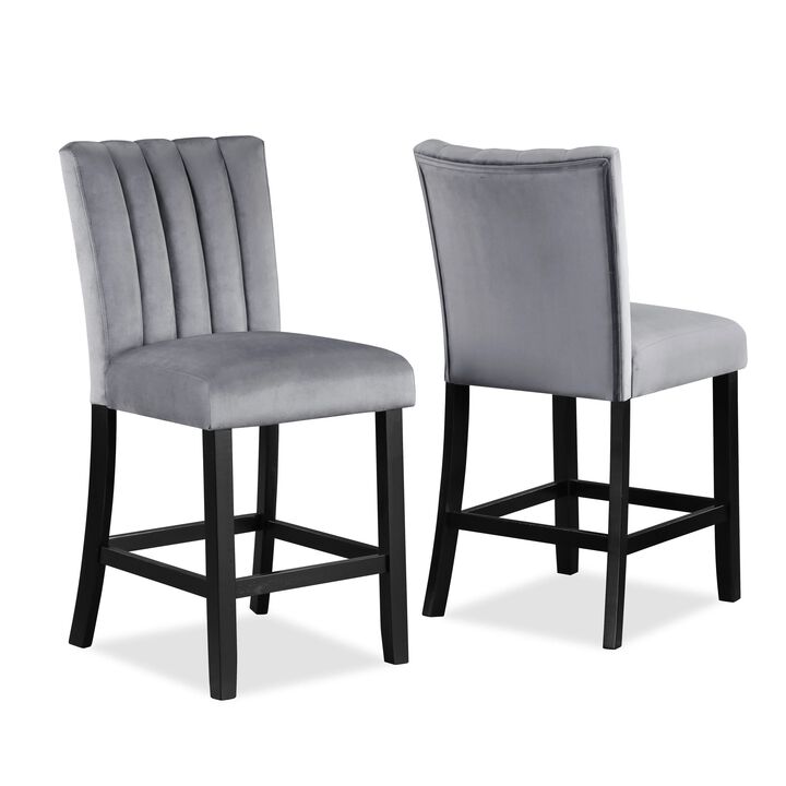 Marcus 26 Inch Counter Height Chair Set of 2, Channel Tufted, Wood, Gray - Benzara