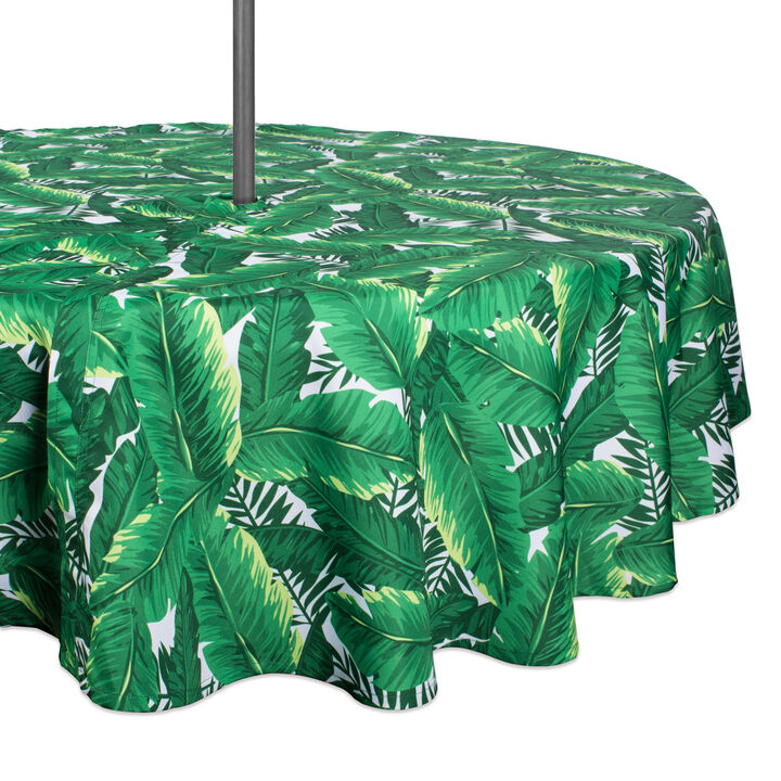 Green and White Banana Leaf Rounded Tablecloth with Zipper 60�