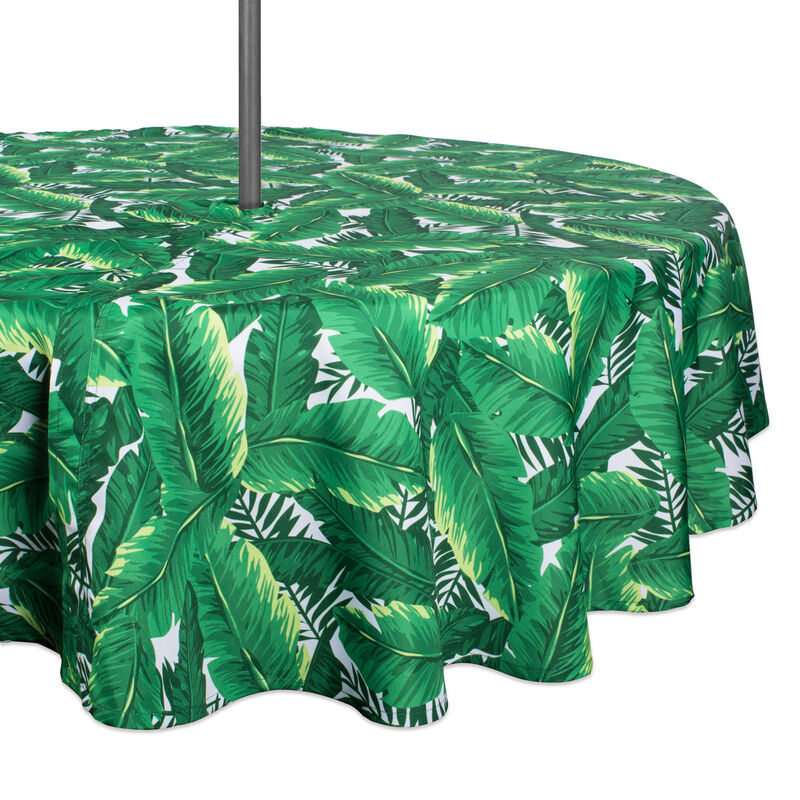 Green and White Banana Leaf Rounded Tablecloth with Zipper 60�