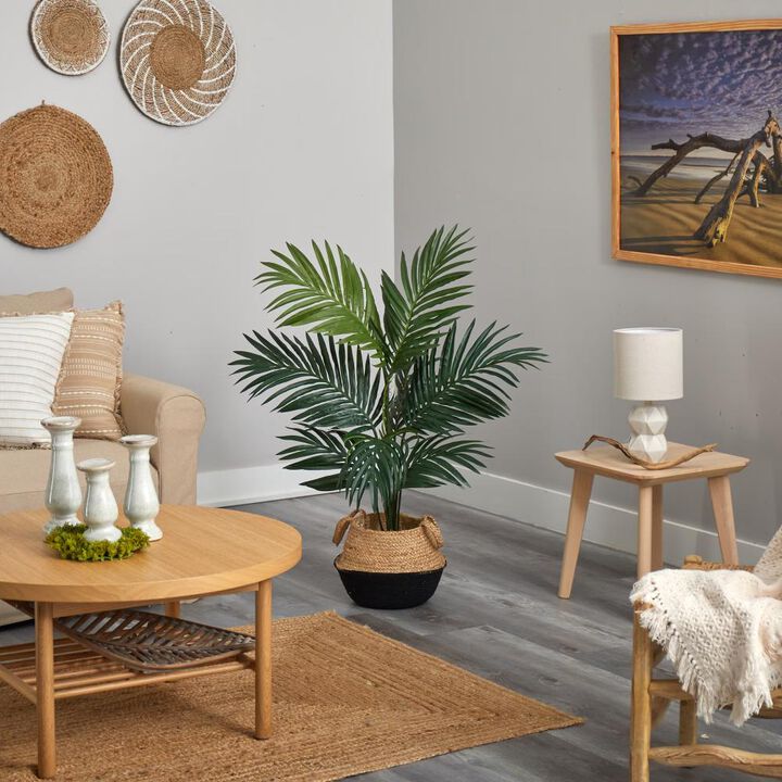 Hivvago 4 Feet Kentia Palm Artificial Tree in Boho Chic Handmade Cotton & Jute Black Woven Planter