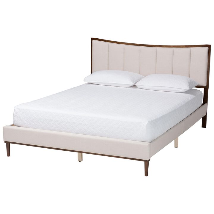 Baxton Studio Nikolai Mid Century Channel Tufted Beige Fabric and Wenge Brown Wood Queen Bed