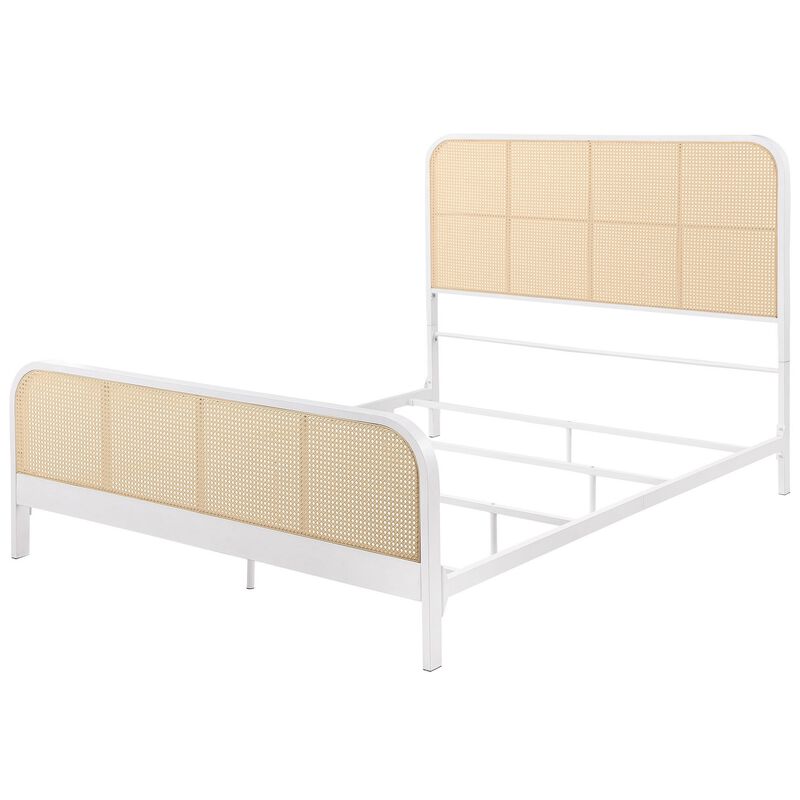 Lanie Queen Bed with Brown Open Cane Webbing Faux Rattan, White Metal  - Benzara