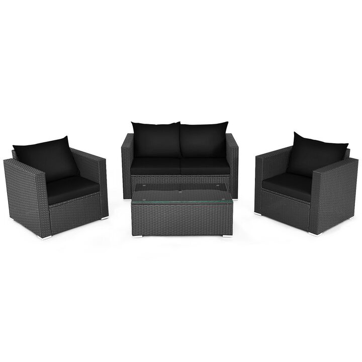 4 Pieces Patio Rattan Conversation Set with Padded Cushion and Tempered Glass Coffee Table