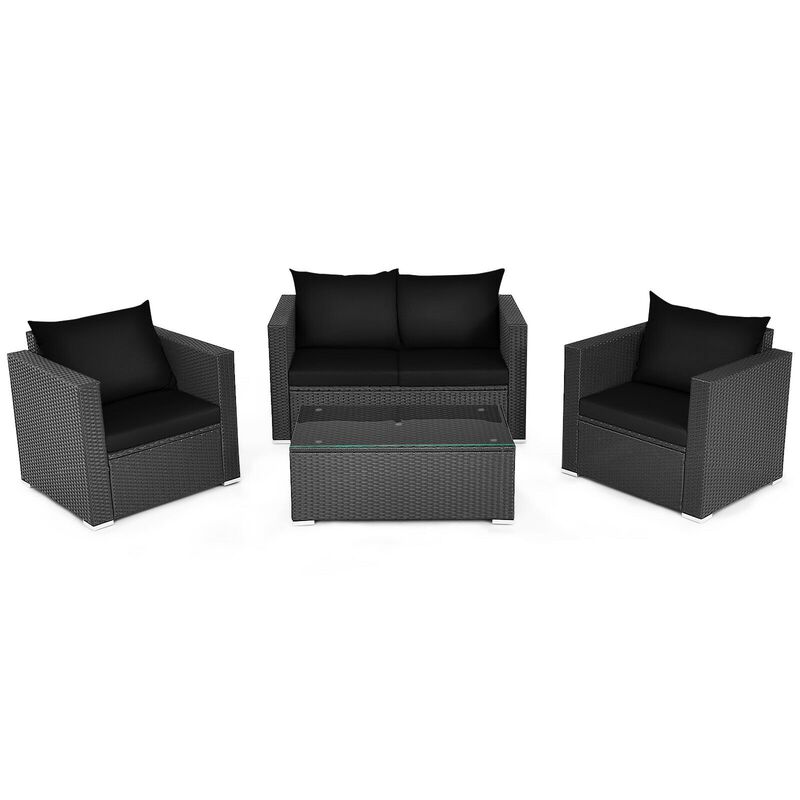 4 Pieces Patio Rattan Conversation Set with Padded Cushion and Tempered Glass Coffee Table