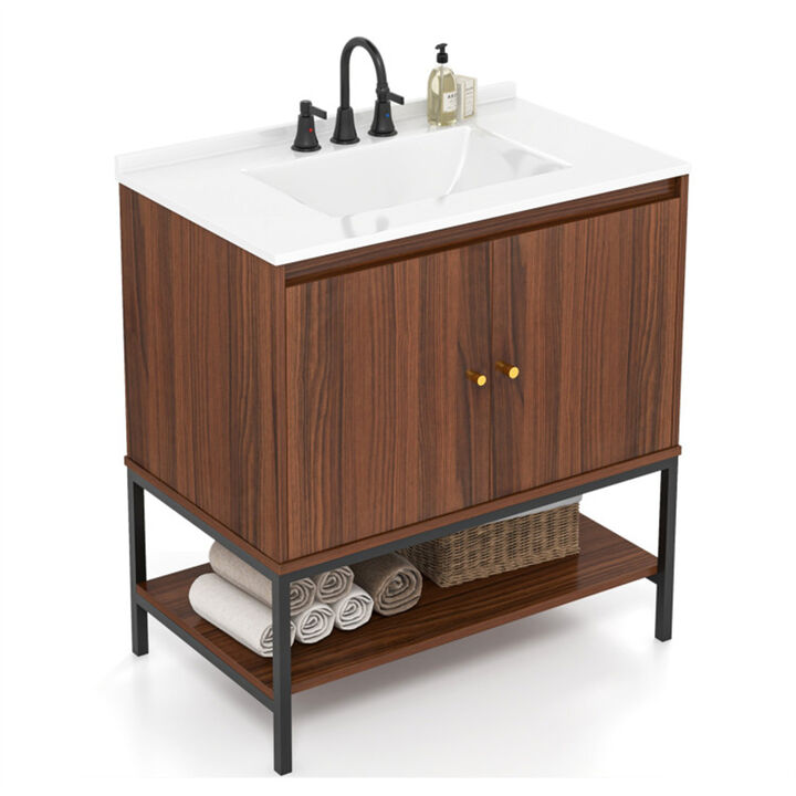 Solid Wood Walnut Bathroom Vanity with Sink, Soft-Close Storage