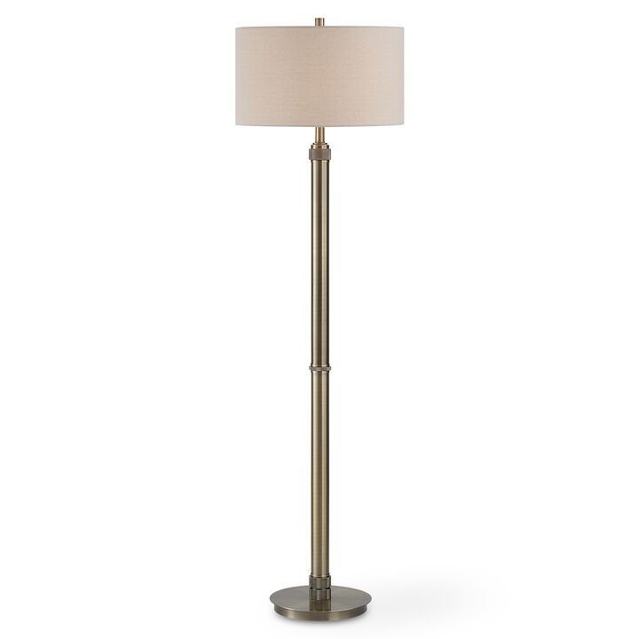Modern Floor Lamp, White Linen Drum Shade, Brass Metal Pole, Round Base