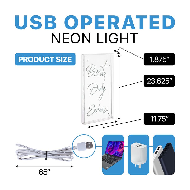 Best Day Ever 11.75" X 23.63" Contemporary Glam Acrylic Box USB Operated LED Neon Light