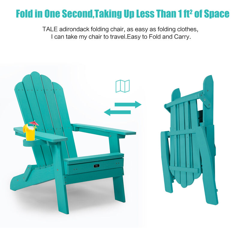 Tale Folding Adirondack Chair With Pullout Ottoman With Cup Holder, Oversized, Poly Lumber