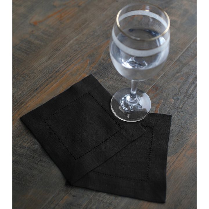 Solino Home 100% Pure Linen Cocktail Napkin 6 x 6 Inch Set of 12 | Classic Hemstitch