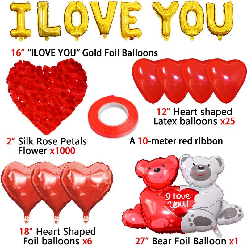 I Love You Balloons,Heart Balloons Kit,1000Pcs Dark-Red Silk Rose