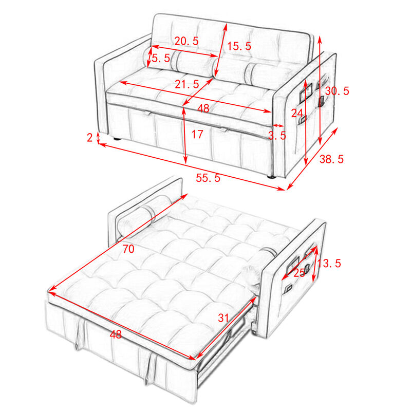 Modern 55.5" Pull Out Sleep Sofa Bed 2 Seater Loveseats Sofa Couch With Side Pockets