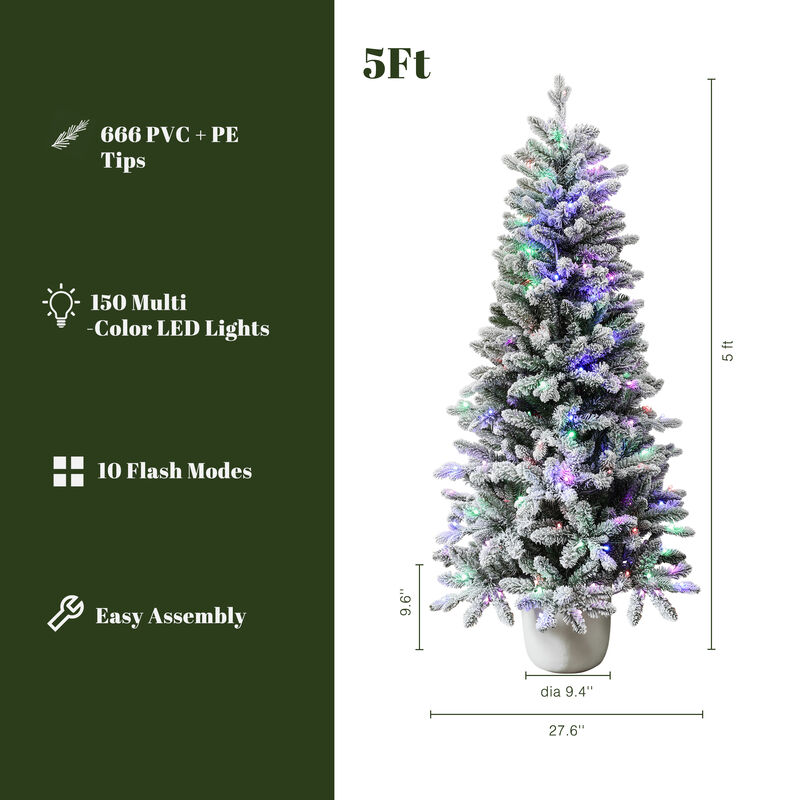 LuxenHome 5Ft Multicolored Pre-Lit Flocked Artificial Tree Potted