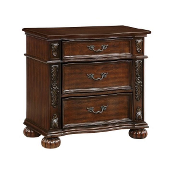 Nami 32 Inch Nightstand, 3 Drawers, Leaf Carvings, Cherry Brown Solid Wood - Benzara