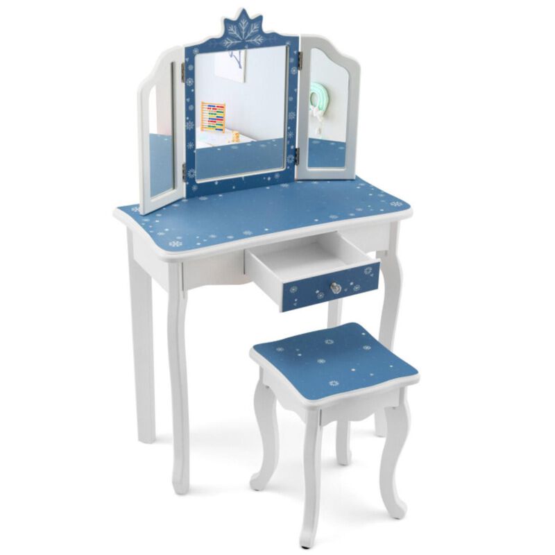 Hivvago Princess Vanity Table and Chair Set with Tri-Folding Mirror and Snowflake Print