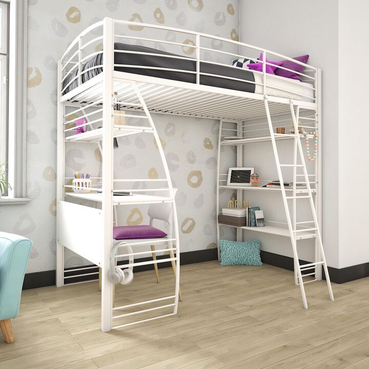 Atwater Living Lynn Modern Twin Loft Bed with Display Shelves and Desk