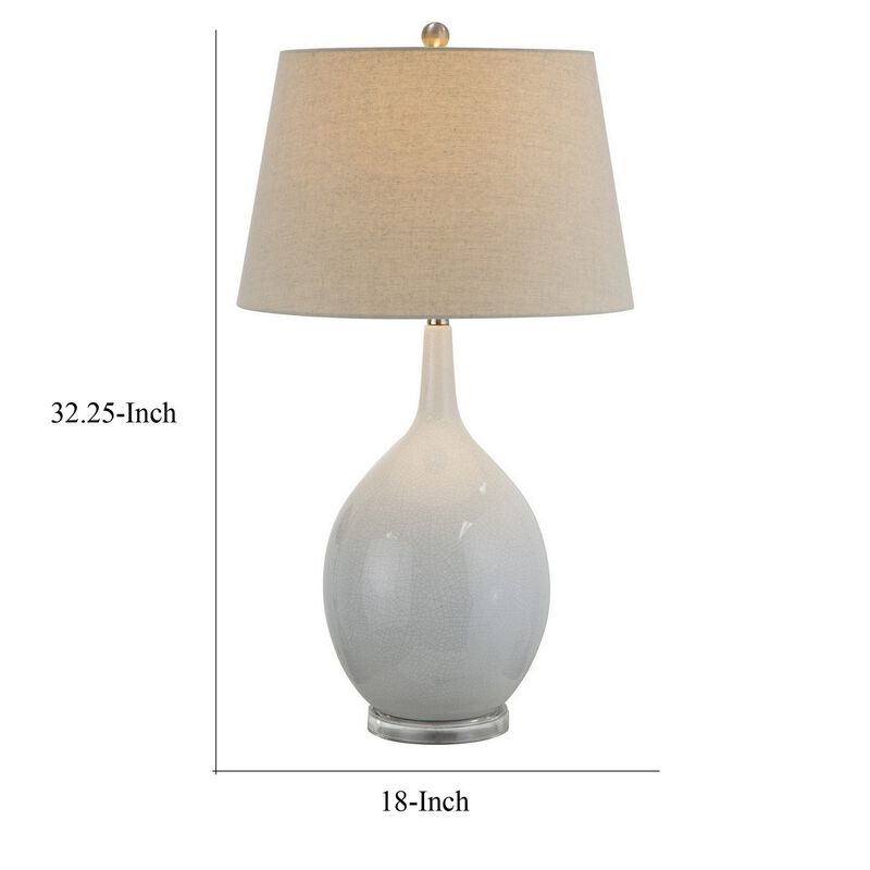 32 Inch Table Lamp, Empire Shade, Ceramic Stand, Crackle White Finish-Benzara