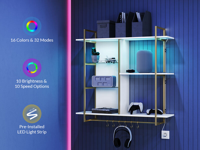 BELLEZE Floating Shelves for Wall with Lights, 40" LED Wall Mounted floating Shelves for Bathroom, Kitchen, Bedroom, Hanging Display Rack Bookshelf with 6 Hooks, Floating Bar Shelves Gaming Room Decor