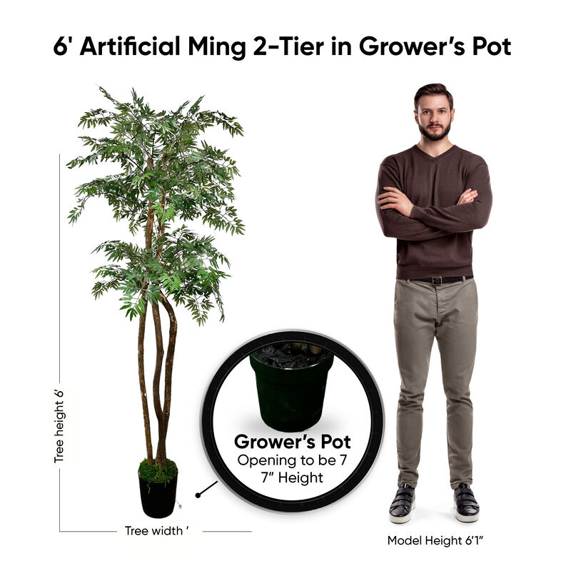 Handmade 6' Artificial Ming 2-Tier Tree In Home Basics Plastic Pot Made with Real Wood and Moss Accents