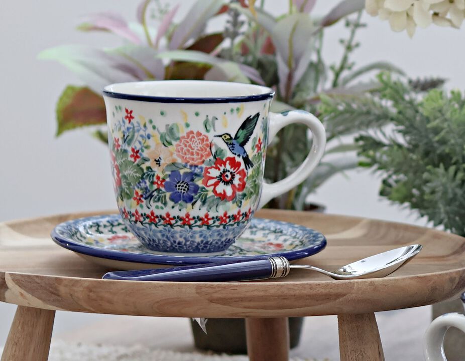 Blue Rose Polish Pottery Mardi Gras Coffee Mug & Saucer