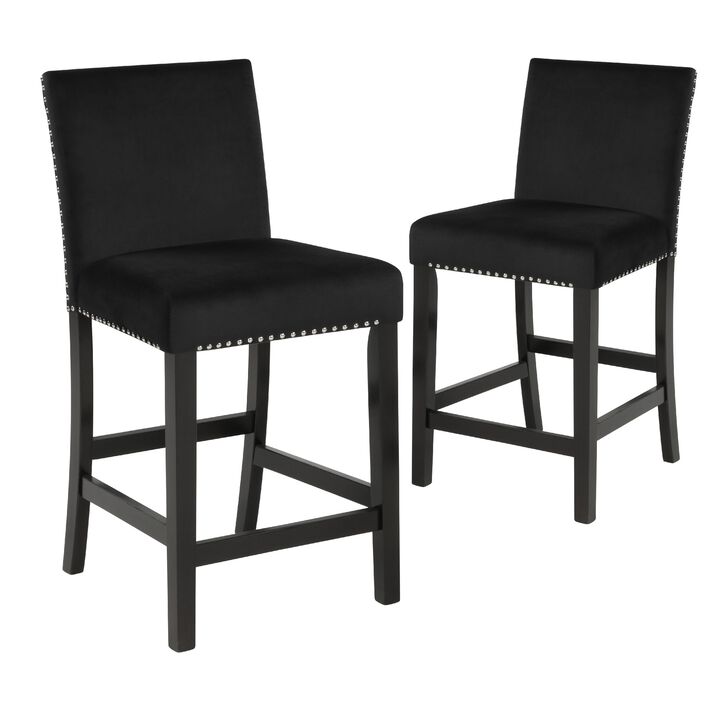 Kate 40 Inch Wooden Counter Height Chair with Velvet Seat, Set of 2, Black - Benzara