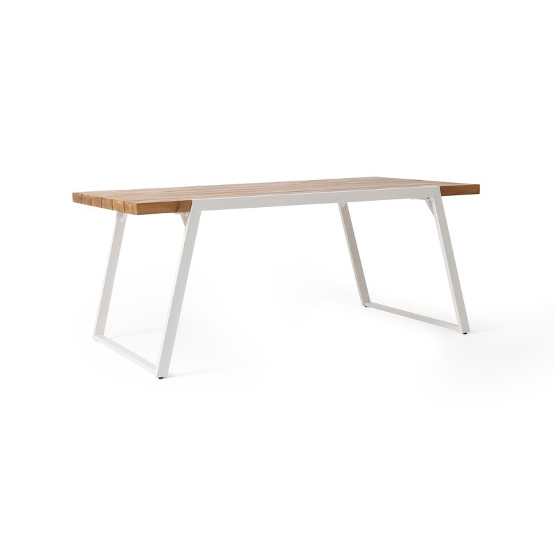 Outdoor Dining Table, Splayed White Sled Base, 71 Inch Acacia Wood - Benzara