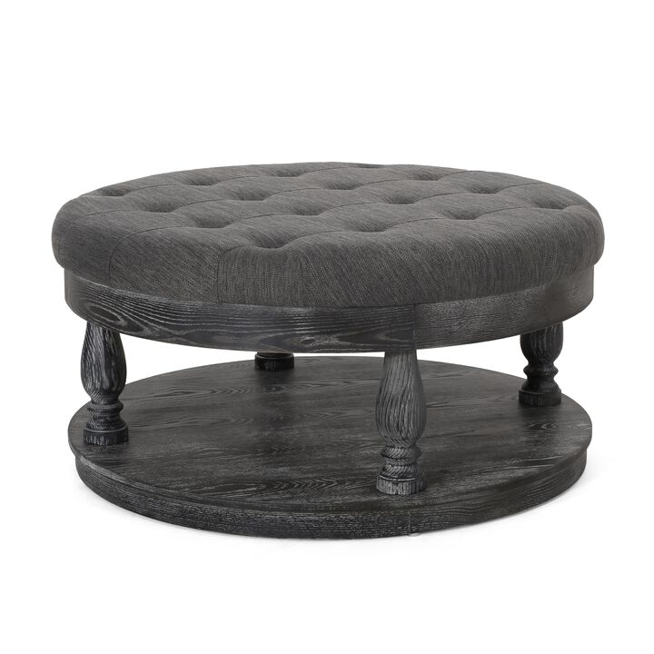 Sanya Ottoman Table, Dark Gray Fabric, Black Wood, Round 40 Inch -Benzara